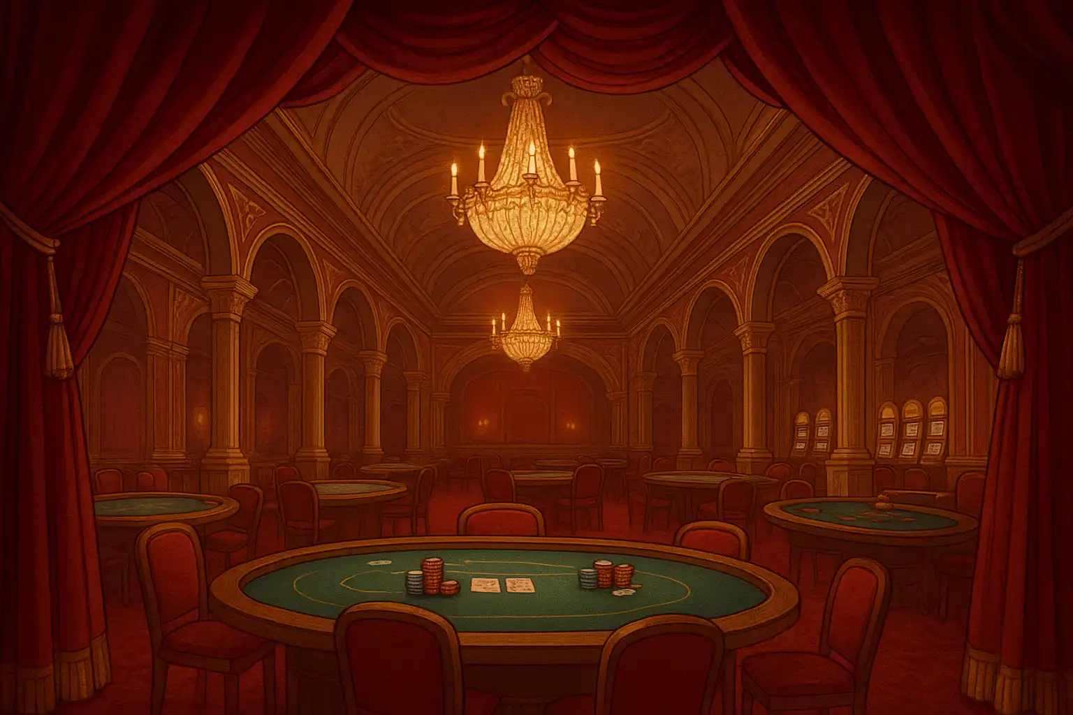 Elegante theatralische Casinohalle mit rotem Samtvorhang und goldenen Kronleuchtern