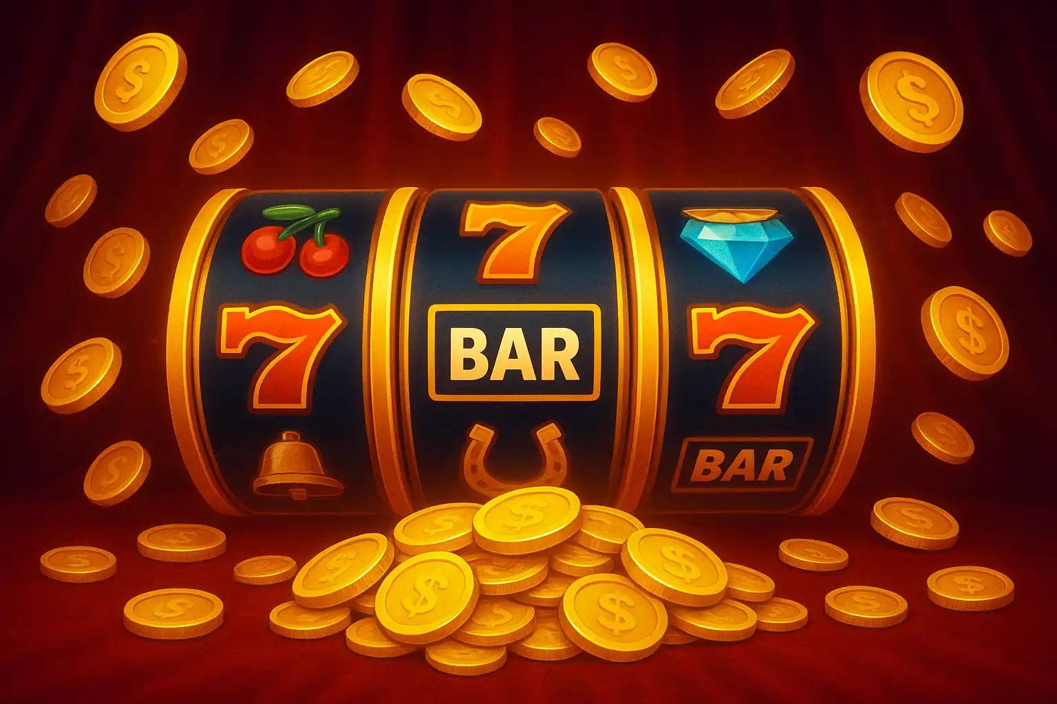 Ampia selezione di rulli di slot machine luminosi su un palco da casinò in velluto rosso